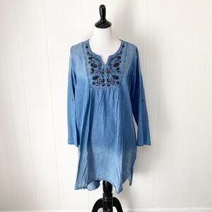 Tantrums Denim Tunic Dress Womens Large Blue Embroidered Beaded V-Neck Chambray
